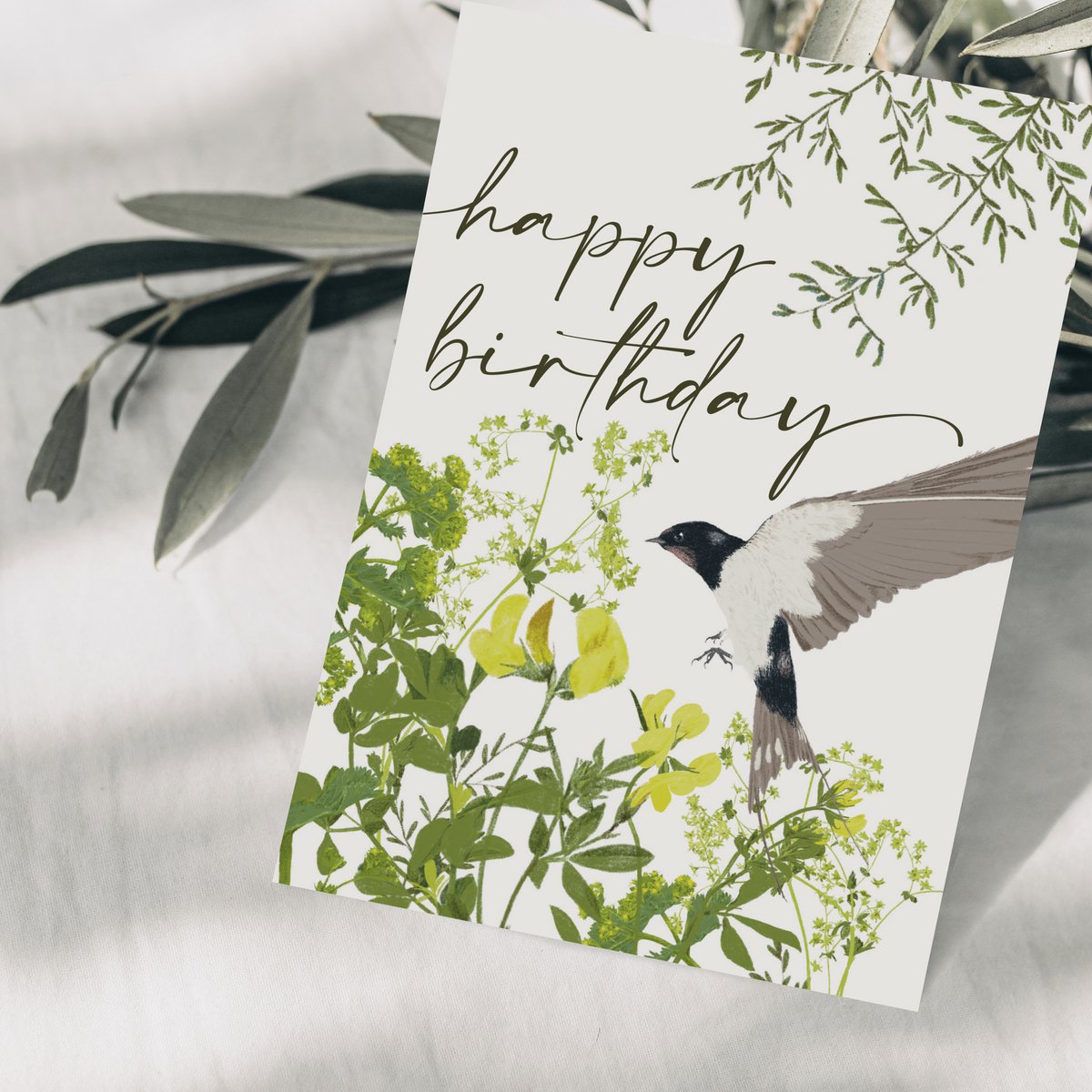 Postcard 'happy birthday' with swallow and wildflowers