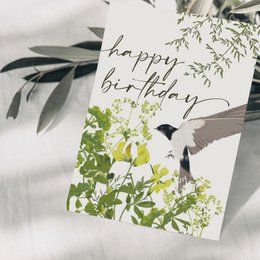 Postcard 'happy birthday' with swallow and wildflowers