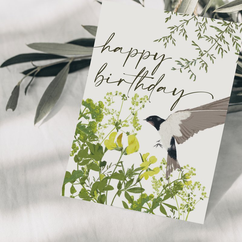 Postcard 'happy birthday' with swallow and wildflowers