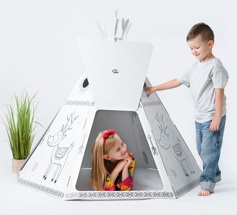 Pap playhouse til børn, teepee -telt, DIY, til konstruktion og farvelægning, 3+