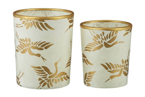 Small tealight holder made of glass & Chiyogami paper | Golden birds / White | Hand made