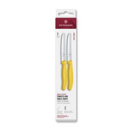 Two-piece serrated tomato knife set with yellow handles. Ideal for slicing and dicing tomatoes and other soft fruits and vegetables. Stainless steel blades with ergonomic grip.