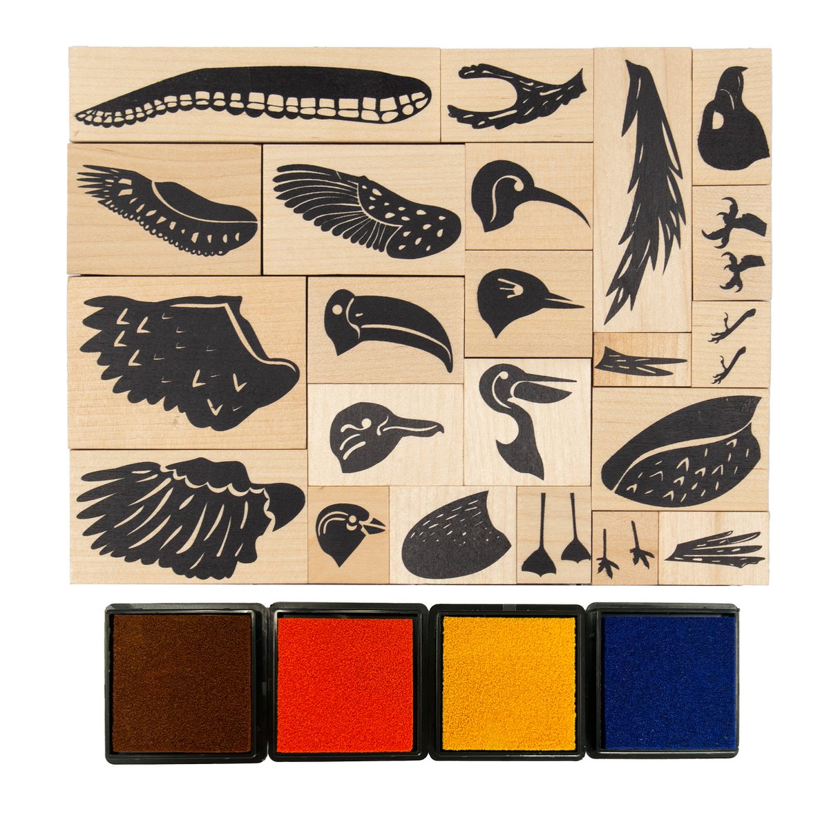 SELLOS DE PÁJAROS PARA CREAR + 4 TINTAS - 17 x 13 cm - 22 uds - Colores surtidos
