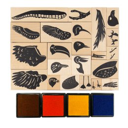 TIMBRI PER UCCELLI DA CREARE + 4 INCHIOSTRI - 17 x 13 cm - 22 pz - Colori assortiti