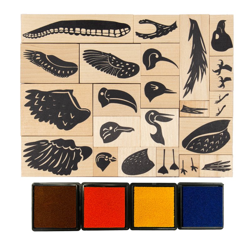 TIMBRI PER UCCELLI DA CREARE + 4 INCHIOSTRI - 17 x 13 cm - 22 pz - Colori assortiti