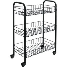 Black metal storage trolley with three wire baskets, wheels, modern minimalist design, mobile organizer.