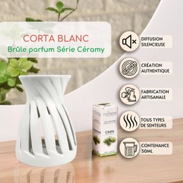 Parfumbrander uit de serie Céramy – Wit Corta – Gelakte keramische kaarsenhouder – Verspreiding van geurende was, etherische oliën – Decoratief cadeau-idee