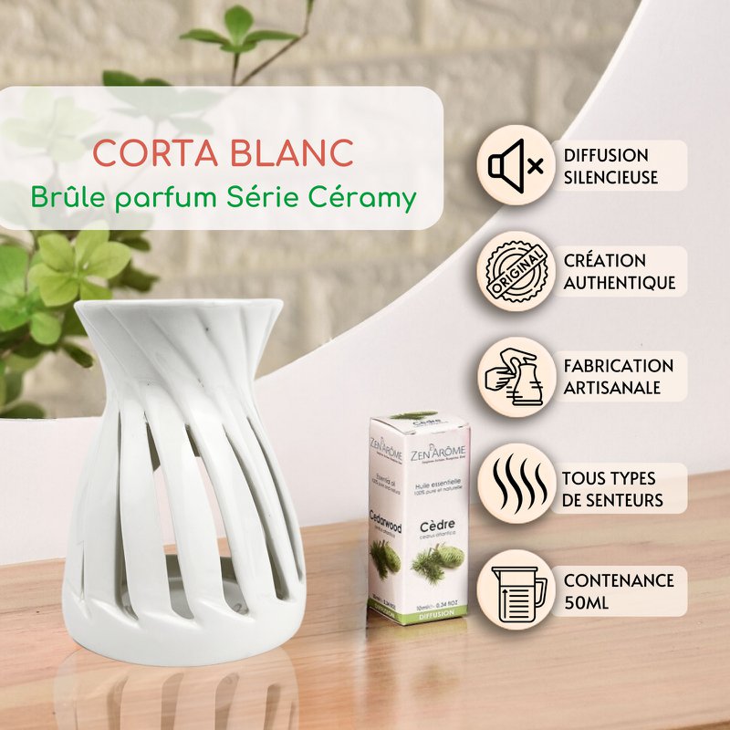 Parfumbrander uit de serie Céramy – Wit Corta – Gelakte keramische kaarsenhouder – Verspreiding van geurende was, etherische oliën – Decoratief cadeau-idee