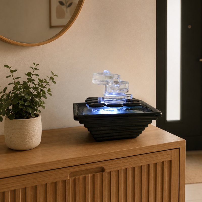 Indoor Fountain - Himalaya - Crystal Line in Glass and Ceramic - Meditation Decoration - White Light - Decorative Gift Idea