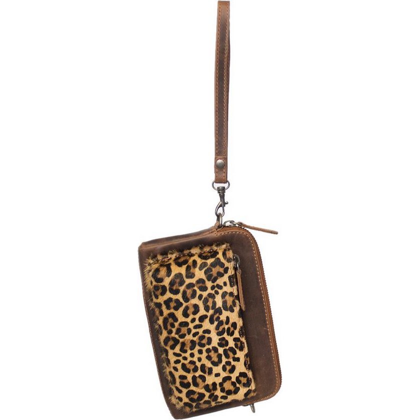 Arrigo Cognac Colored Dames CrossBody Tas/Clutch med Luiopard Direer Print in Learning