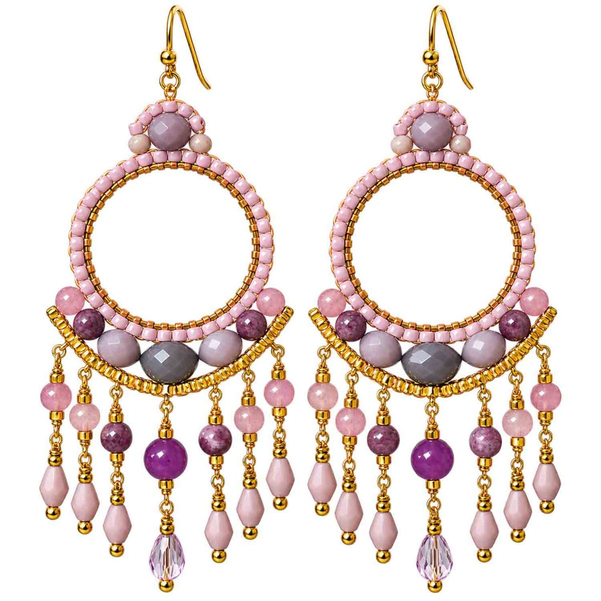 Boho earrings Bali – pink, lilac & gray – gold-plated stainless steel