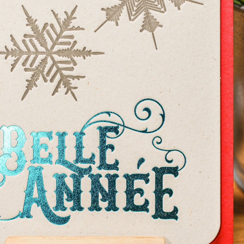 Letterpress Happy New Year Snowflakes greeting card, turquoise (with envelope)