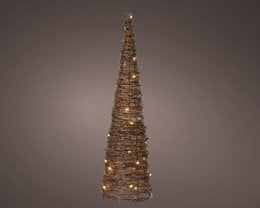 Tall, conical rattan LED Christmas tree with warm white lights, suitable for indoor holiday decor.