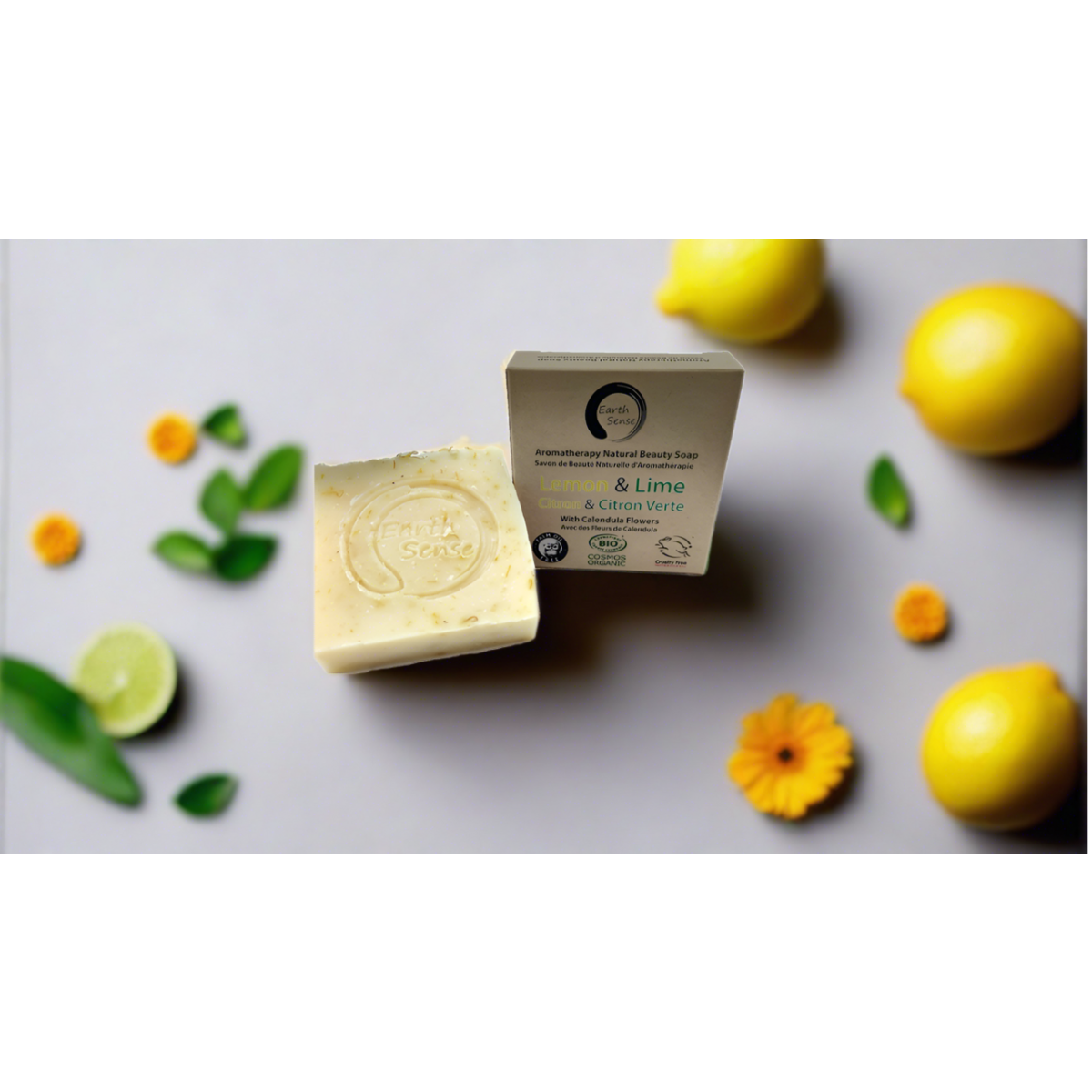 Bio -zertifizierte solide Seife - Zitrone & Lime mit Kalendula Blumen 90g