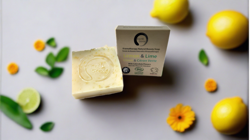 Bio -zertifizierte solide Seife - Zitrone & Lime mit Kalendula Blumen 90g