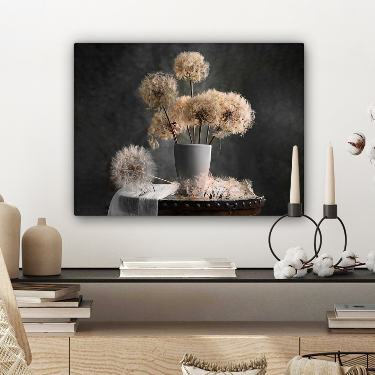 Leinwand Malerei - Wanddekoration - Blumensamen - Löwenzahn - Vase - Stillleben - Bouquet