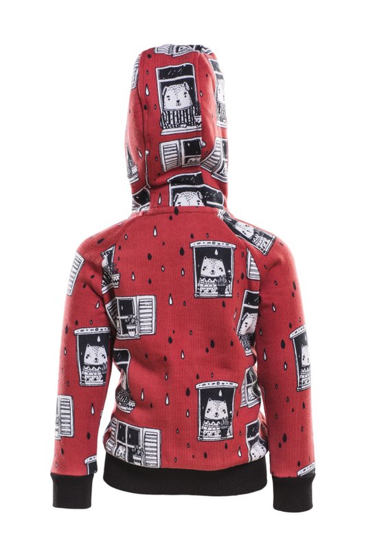 Zip Hoodie, Allover Rain Watchers Print on Red
