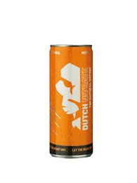 Orange-colored juice drink in a can, with the product name "Dutch Nitrate Natural" displayed on the label. The can has a modern, minimalist design with a hexagonal pattern.