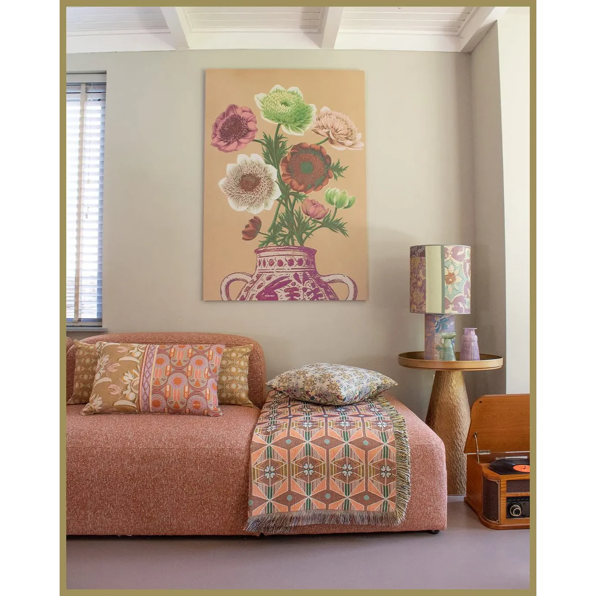 NIN-NIT Nouveau de Fleurs cushion | 100% woven cotton | decorative cushion with flowers and leaves nature print | pink | beige | lilac | green | gray | orange | brown| multicolor | 40x60 cm