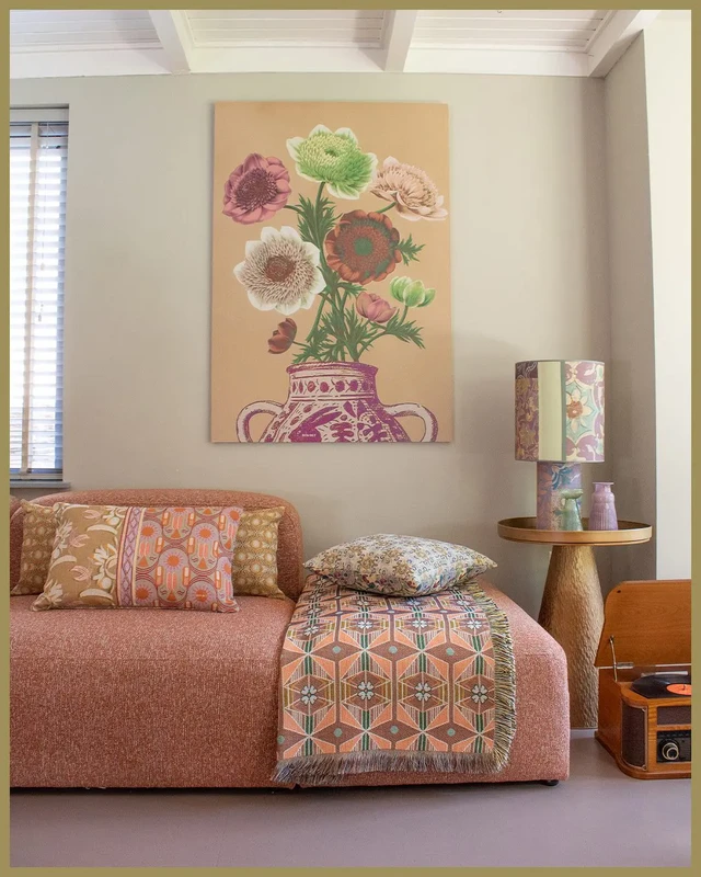 NIN-NIT Cojín Nouveau de Fleurs | 100% algodón tejido | decorativo con estampado de flores y hojas de la naturaleza | rosa | beige | lila | verde | gris | naranja | marrón| multicolores | 40x60cm