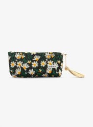 A black makeup bag with a floral pattern featuring white daisies on a dark green background. The bag has a zipper closure and a small gold-colored zipper pull.