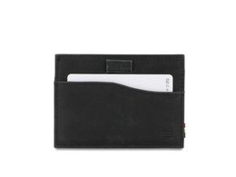 Brushed black card holder with ID window, compact and minimalist design for carrying cards and ID.