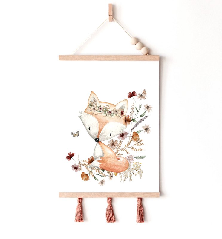 Fox nursery print, fox poster, floral nursery print, cute fox print, wildflowers print, girls nursery poster, girls room