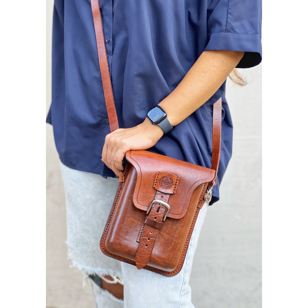 Handgemaakte lederen crossbody tas - korst koeienhuid leer