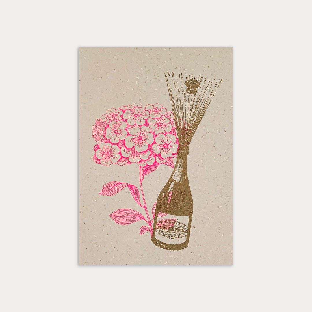 Postkort / Champagne med blomster / Risografi