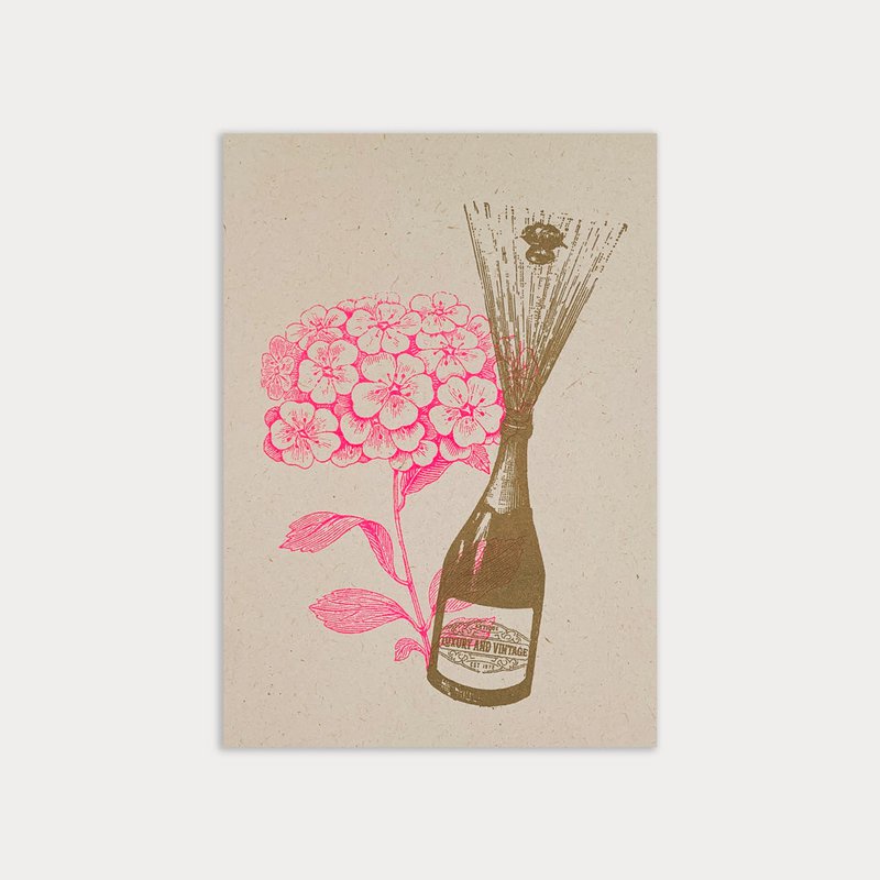 Postkort / Champagne med blomster / Risografi