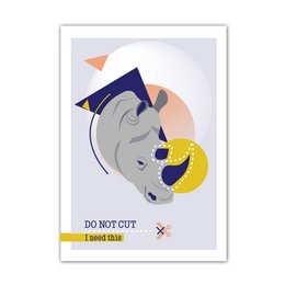A colorful abstract poster featuring a rhino silhouette against a geometric background. The poster has a minimalist, modern design with bold shapes and colors.