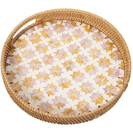 Decorative round tray made of natural rattan and nacre shell pieces, featuring a floral pattern in shades of yellow and white. Suitable for serving or displaying items on a tabletop or shelf.