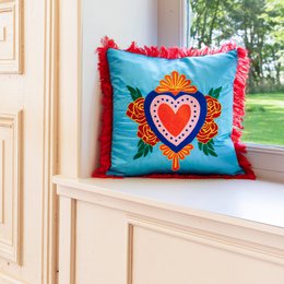 Kitsch Kitchen cushion Milagro heart light-blue fringes