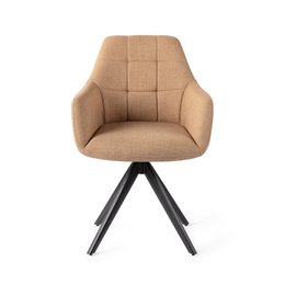  Beige upholstered dining chair with black swivel base, featuring a tufted backrest and armrests for a modern, minimalist design.
