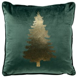 Decorative green velvet cushion with gold Christmas tree design, suitable for holiday decor.