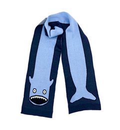 Blue navy children's scarf with shark face design, knitted fabric, long rectangular shape