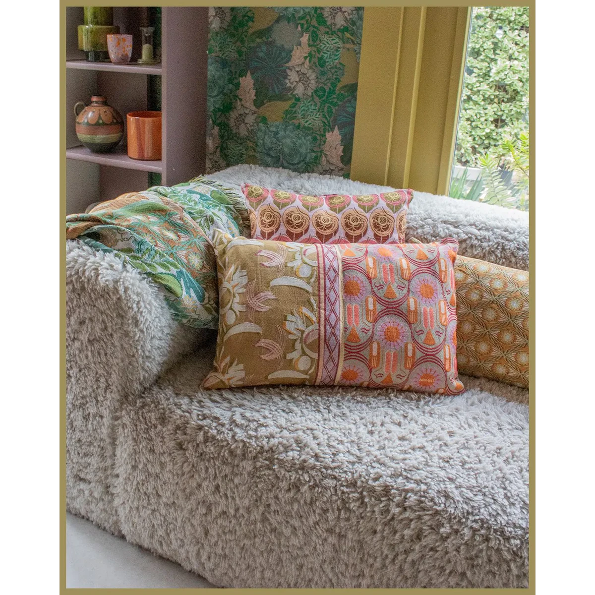 NIN-NIT Nouveau de Fleurs cushion | 100% woven cotton | decorative cushion with flowers and leaves nature print | pink | beige | lilac | green | gray | orange | brown| multicolor | 40x60 cm