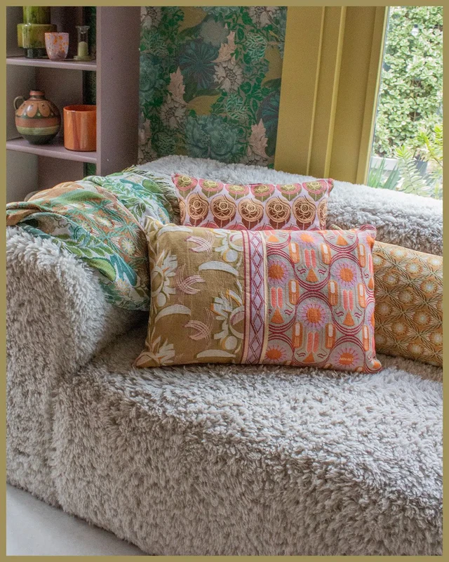 NIN-NIT Cojín Nouveau de Fleurs | 100% algodón tejido | decorativo con estampado de flores y hojas de la naturaleza | rosa | beige | lila | verde | gris | naranja | marrón| multicolores | 40x60cm