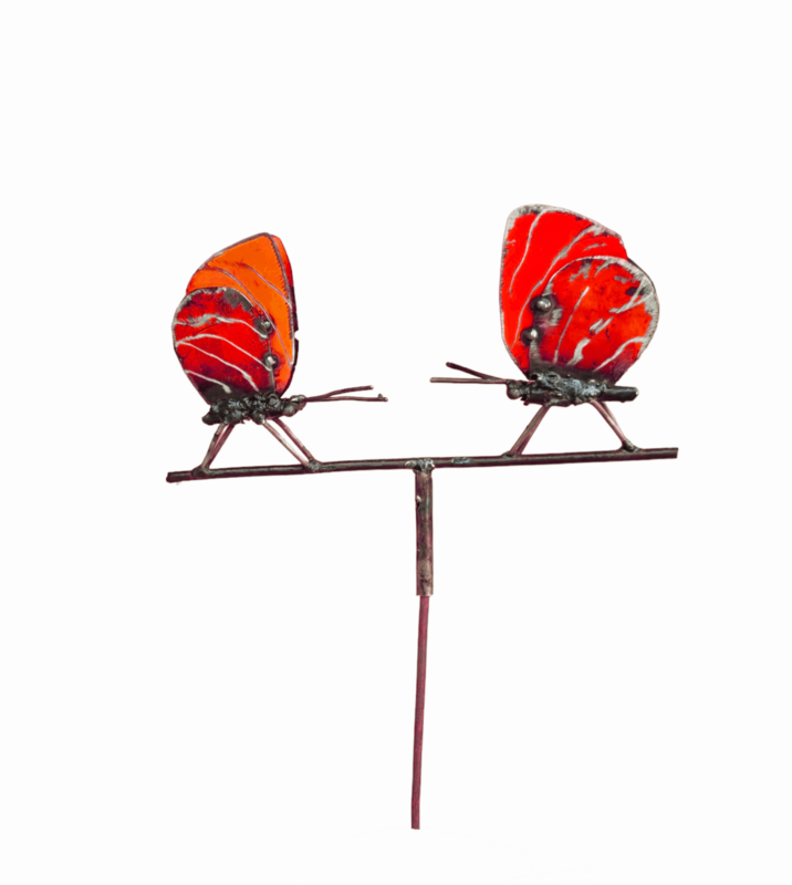 Zimba-Arts COUPLE EN MÉTAL PAPILLON ROUGE SUR BÂTON