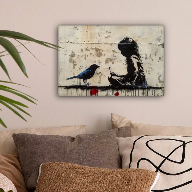Canvas schilderij - Wanddecoratie Meisje - Street art - Vogel - Abstract - Graffiti - Modern - Muurdecoratie woonkamer - Kamer decoratie modern - Abstracte schilderijen