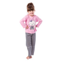 Girls Pyjama Set - Kitten, a cozy and comfortable pajama set for young girls featuring a pink top with a kitten graphic and striped bottoms.