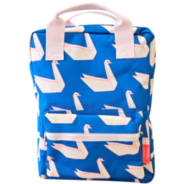 A blue and white backpack with a swan print pattern, suitable for kids. The backpack has a simple, minimalist design and appears to be made of a durable material.