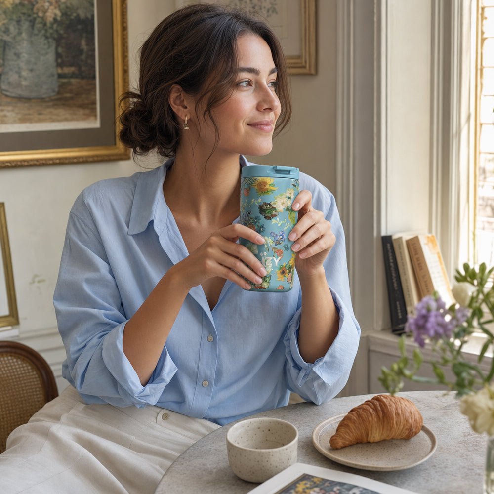 Izy Thermos Mech - Vincent's Blumen (grün) - 350 ml to -go isolierter Kaffeetasse