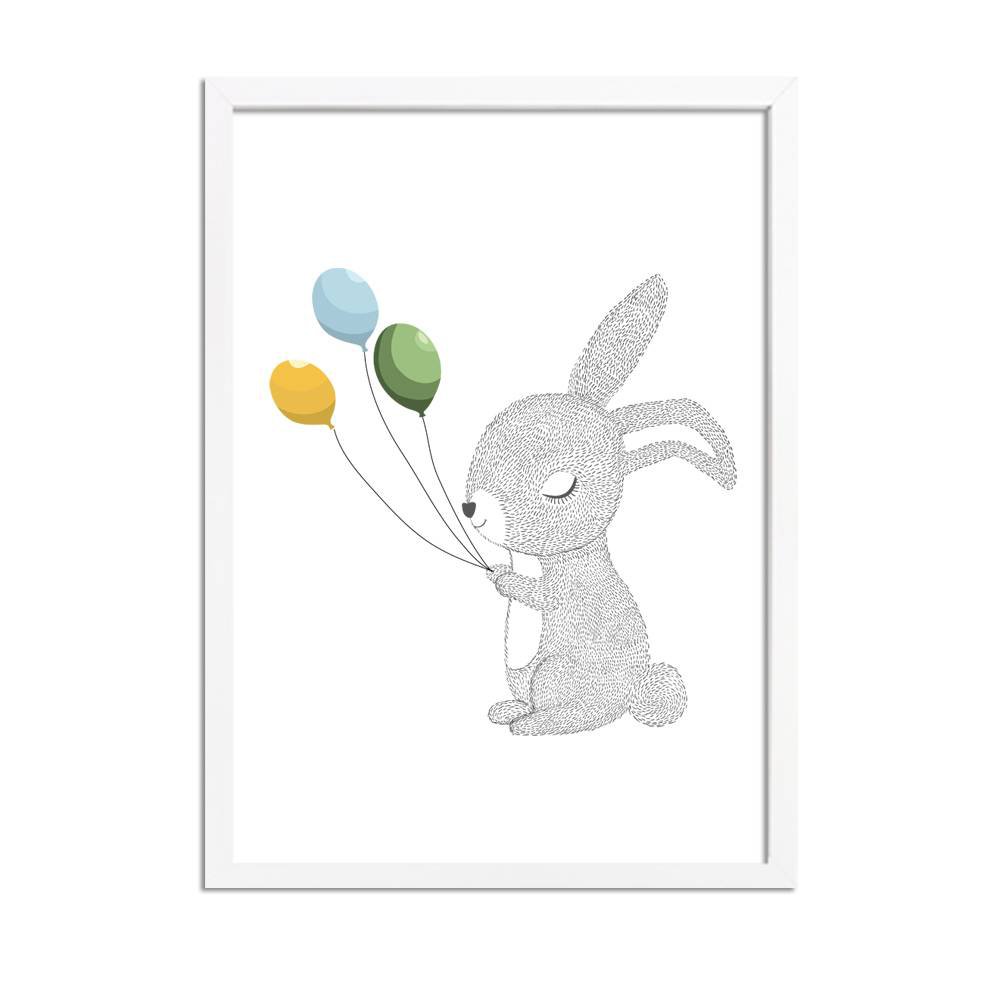 Kids room poster rabbit with balloons - Yellow blue green