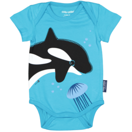 A turquoise blue baby bodysuit featuring a large black and white orca whale design with jellyfish accents, suitable for infants aged 3-6 months and 9-12 months.