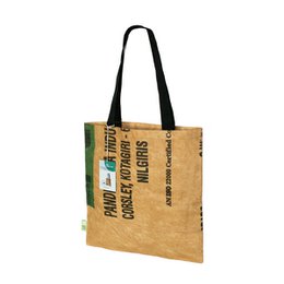 A small shoulder bag made of recycled materials, featuring a natural burlap-like texture and colorful printed graphics. The bag has a simple, casual style suitable for everyday use.