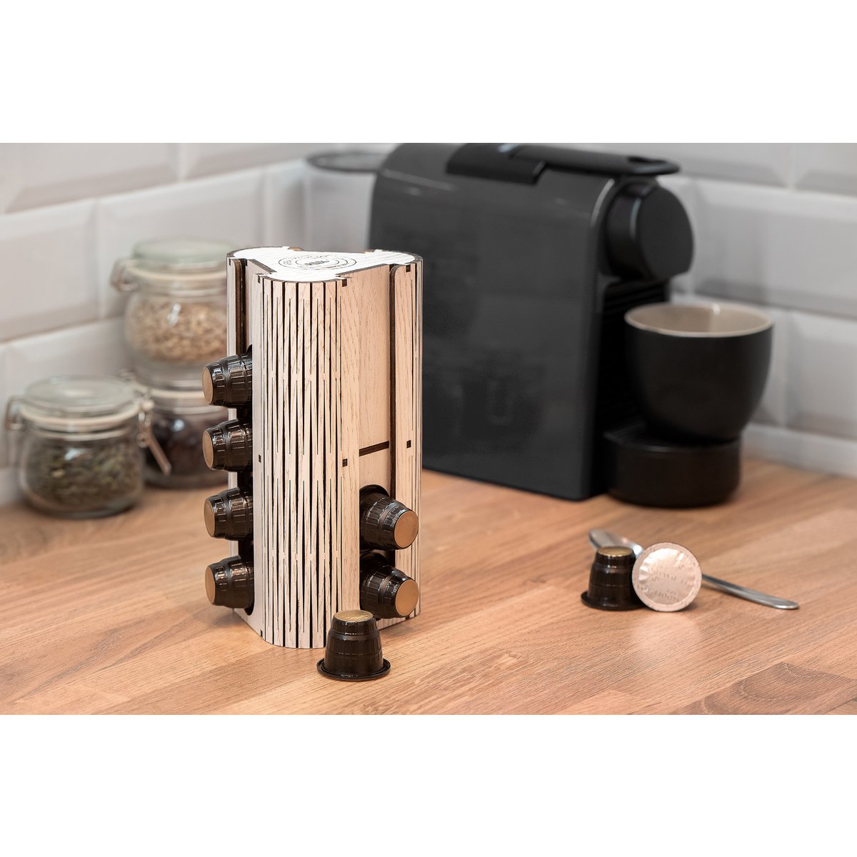 Krea-Wood handgemaakte koffiecapsulehouder voor Nespresso-compatibele capsules, in vintage witte kleur