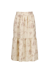 Ecru midi skirt with embroidered floral pattern, tiered design, midi length, cream botanical print.