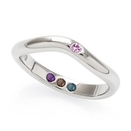 Polished silver statement ring with colored gemstones. The ring features a curved design with a row of small round gemstones in various colors including purple, blue, and brown. This ring is a stylish and eye-catching piece of jewelry.