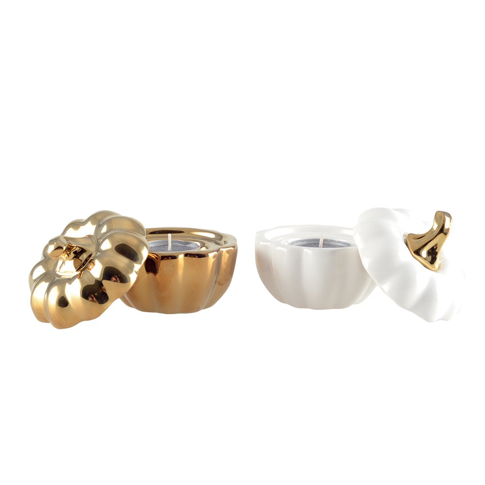 Bougeoirs citrouille blanc et doré - lot de 2